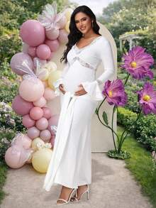 JustVH Lace Patchwork Ruched Tie-Up Long Fitted Maternity Dress, Party Gown, Baby Shower Photo Shoot White Spring Fall - White - View 6