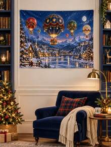 1PC Starlight Christmas Balloon Parade Horizontal Wall Tapestry, Luxury Hot Air Balloon Snowy Village Holiday Backdrop, Faux Ultra-Soft Polyester Single-Sided Print, White Overlock Edge, Multiple Sizes - Multicolor - View 4