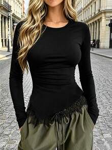 Women's Round Neck Long Sleeve T-Shirt, Spring/Autumn New Lace Trim & Ruched Waist Design, Casual Versatile Slim Fit Solid Color Top, Fashionable Daily Wear - Black - View 9