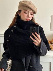 Stylish High-Neck Knitted Wrap Shawl Featuring An Asymmetrical Cut And Side Button Detailing; Warm, Comfortable, And Versatile For Stylish Layering Across All Seasons. - Multicolor - View 9