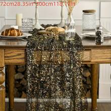1pc Black & Gold Sequin Table Runner, Shattered Gold Tulle, Polyester Rectangular Shiny Tablecloth, Wedding Table Runner, Birthday Baby Shower Wedding Party Decoration, Halloween Party Decoration, Happy Halloween Home Decor, Trick Or Treat Decoration - Black Gold - View 3
