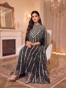 Shiny Women's Arabic Style Long Dress, Black With Silver Sequin Stripes, Stand Collar, Cape Sleeves, Suitable For Evening Party - black silver - View 3