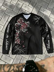 Men's V-Neck Long Sleeve T-Shirt, Gothic Style Spider Lily And Calligraphy Letter Print Streetwear Top - Multicolor - View 1