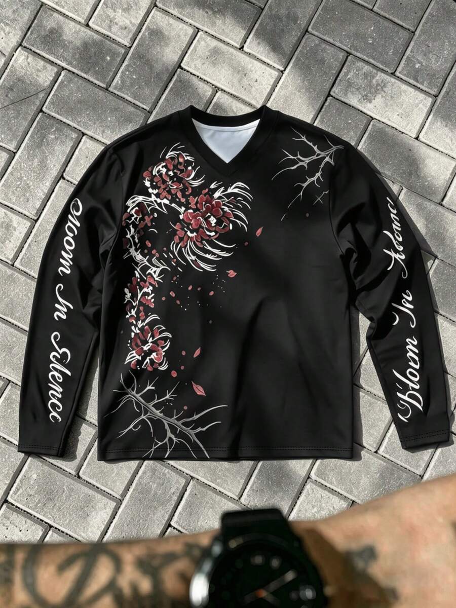 Men's V-Neck Long Sleeve T-Shirt, Gothic Style Spider Lily And Calligraphy Letter Print Streetwear Top - Multicolor - View 1