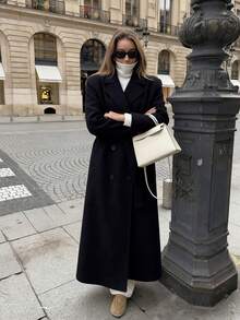 Women's Black Long Sleeve Woven Long Coat, Suitable For Autumn/Winter Wear, Non-Stretch Trench Coat - Black - View 2