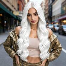 28 Inch White Long Curly Wig, Middle Part, No Bangs, Heat-Resistant Synthetic Fiber, Fashionable And Elegant, Natural Styling, Voluminous And Versatile, Suitable For Cosplay, Christmas, Music Festival, Daily Wear For All Women - White - View 3