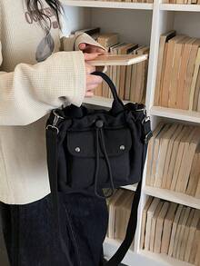 女款日常休閒尼龍防水純色水桶包，手提包兼肩背斜挎信使包 - 黑色 - 查看 4