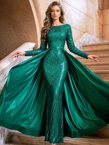 Romagic Boat Neck Geometric Pattern Conservative Party Dress For Mature Women With Back Tie Detachable Skirt Formal Evening Party Autumn Fall Winter - Green - View 4