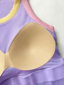 ChicMe Women Built In Bra Contrast Binding Tank Top Ribbed Knit Sleeveless Scoop Neck Shirt Causal Daily Streetwear - Mauve Purple - View 7