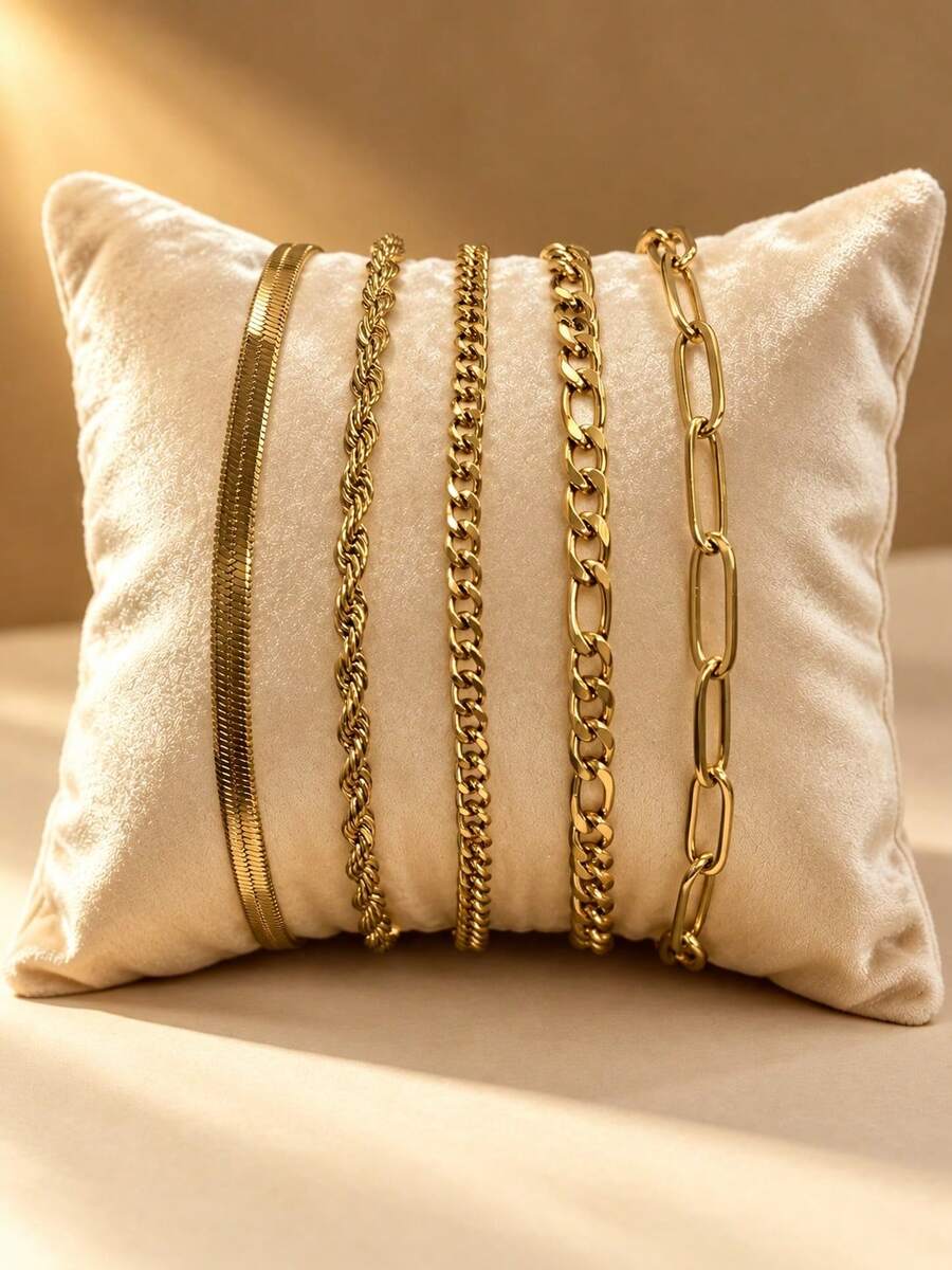 VceTd 5PCS Casual Style Stainless Steel Women's Chain Bracelets With Twisted Chain/NK Chain/Blade Chain/Paperclip Chain/Basic Chain Design, Suitable For Daily Wear - Yellow Gold - View 1