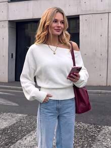 Women's Solid Color Knit Shoulder Long Sleeve Sweater, Elegant Casual Top For Autumn Winter Daily Dating & Vacation - White - View 6