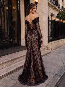 VIPGIRL Black Lace Evening Dress Off Shoulder Long Sleeve Ruched Corset Ruffle Side Backless Lace Up Mermaid Floor Length Prom Formal Gala Maxi Dress - Black - View 2