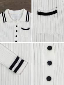 Korean Style Casual Color Block Ribbed Polo Collar Half-Button Pocket Long Sleeve Slim Fit Ribbed Knit Top For Women, Autumn/Winter - White - View 8