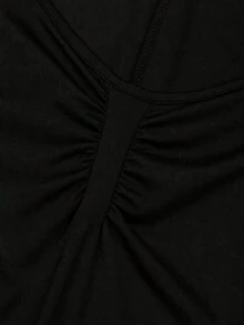 Casual Jumpsuit, Ruched Square Neck Long Sleeve Slim Fit, Women's Sportswear, Minimalist Daily Commute & Date Outfit - Black - View 9