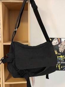 Crossbody Bag, Flap Design With Buckle And Webbing Decoration, Adjustable Shoulder Strap, Thick And Durable Fabric. Spacious Interior For Books, Tablets And Other Personal Items, One Shoulder Crossbody Carrying, Casual And Relaxed Style, Suitable For Daily Outings. - Black - View 3