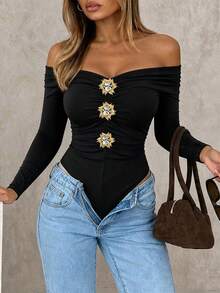 ChicMe Women's Foldover Off Shoulder Rhinestone Button Ruched Long Sleeve Bodysuit Slim Fit Solid Color Club Party Top - Black - View 1