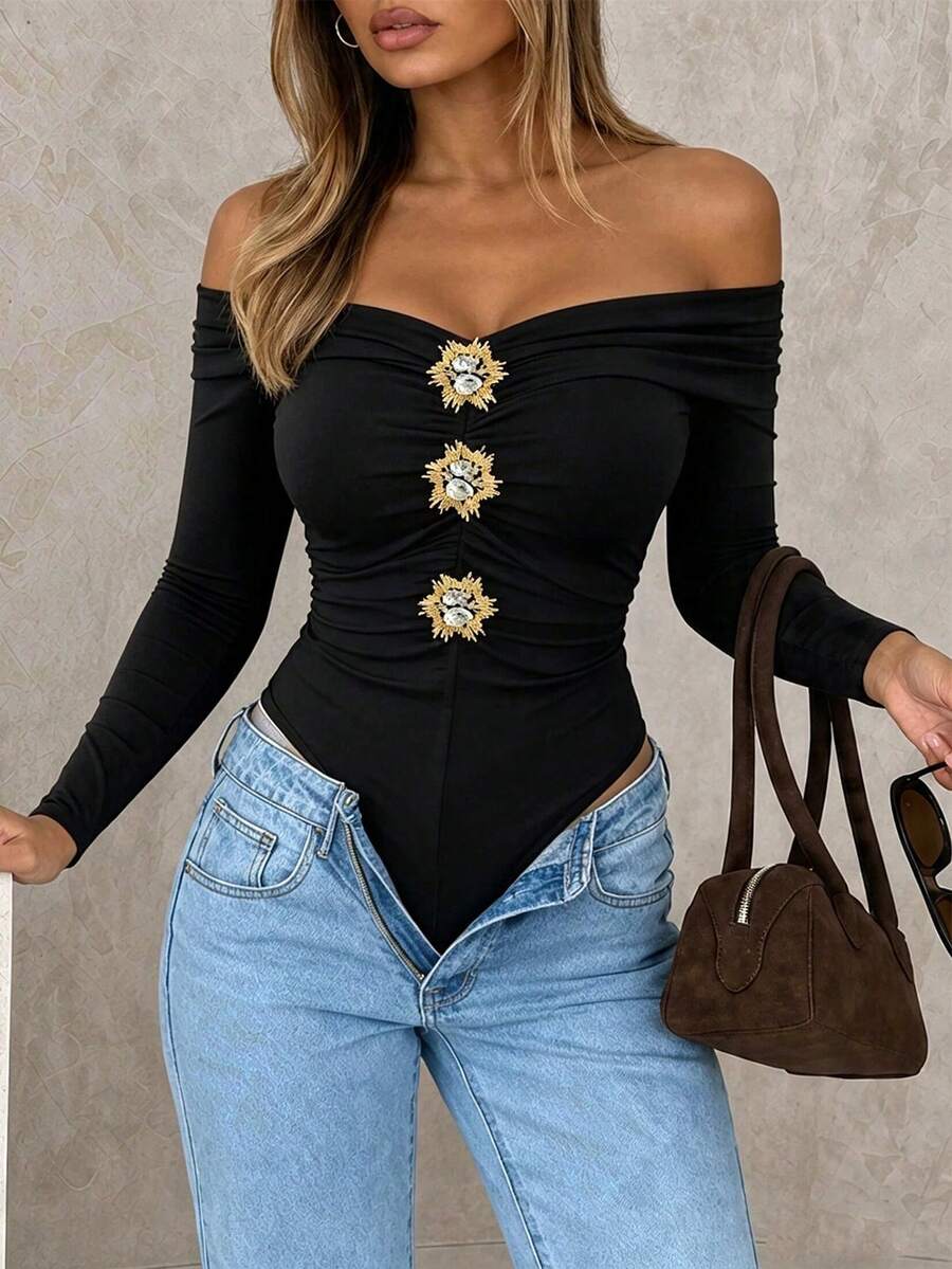 ChicMe Women's Foldover Off Shoulder Rhinestone Button Ruched Long Sleeve Bodysuit Slim Fit Solid Color Club Party Top - Black - View 1