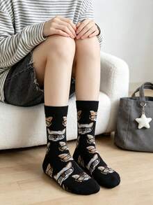 1 Pair Black Bottom Cat Glasses All-Over Print Women's Mid-Calf Socks, Vintage Fun Cartoon Animal Pattern Versatile Casual Mid-Calf Socks - Multicolor - View 5