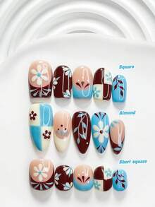 10pcs Handmade Cottage Style Press-On Nails, Polygel Nail Art Set, Daisy Blue & Brown Nails, Artistic Fresh Style, Includes Nail Tools, 3 Sizes Available: Square, Short Square, Almond, Suitable For Party, Dancing, Daily Wear (Handmade Details May Vary) - Multicolor - View 1