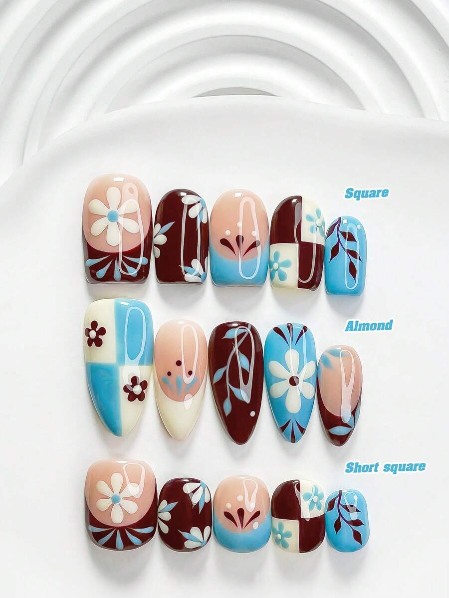 10pcs Handmade Cottage Style Press-On Nails, Polygel Nail Art Set, Daisy Blue & Brown Nails, Artistic Fresh Style, Includes Nail Tools, 3 Sizes Available: Square, Short Square, Almond, Suitable For Party, Dancing, Daily Wear (Handmade Details May Vary) - Multicolor - View 1