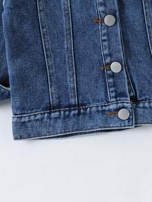 Jaket Denim Anak dengan Gambar Kartun Mobil di Bagian Belakang, Kerah Lipat, Atasan Lengan Panjang Kasual untuk Anak Laki-laki - Medium Wash - View 7