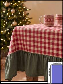 1pc Red And White Plaid Patchwork Green Hem Tablecloth, Country Pastoral Style Fabric Material, Rectangular Red And White Plaid Tabletop With Green Ruffle Edge Hem Patchwork Decoration, Beautify And Protect Tabletop Function, Holiday Dining Tablecloth Suitable For Christmas And Winter Holiday Home Decor Scenes - Green - View 16