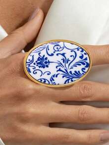 1pc Vintage Style Exaggerated Metal Inlaid Geometric Oval Ring, Suitable For Women's Daily Wear, Birthday Gift And Holiday Gift - Oval Ring - View 13