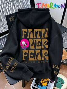 TOMARMON Pullover Sweatshirt FAITH OVER FEAR Slogan Funny Cartoon Graphic Print Long Sleeve Top Loose Fit Spring Autumn Winter Daily Wear Versatile Kids Top - Black - View 5