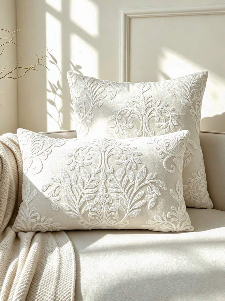 1pc Plant Embroidered Cushion Cover Without Filler, Modern Canvas Throw Pillow Cover, For Sofa, Living Room