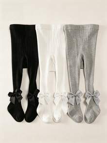3 par enfärgade, ribbade, mjuka och stretchiga söta leggings för bebis och småbarn med rosettdetaljer – perfekta för vardaglig lager-på-lager - Multifärgad - Visa 2