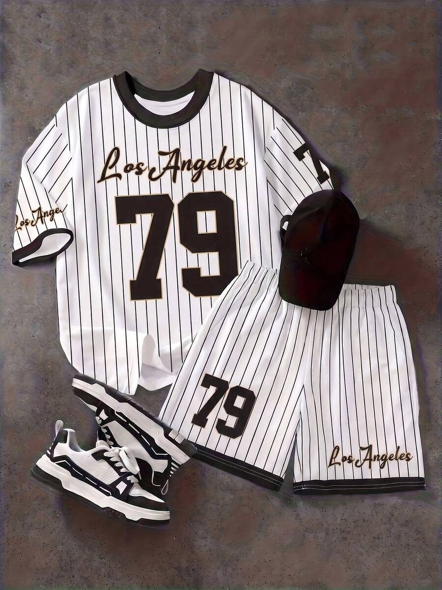 2pcs/Set Tween Boys Striped Baseball Style Short Sleeve Top & Shorts Set, Letter & Number Print Summer Casual Outfit For Travel - White - View 1