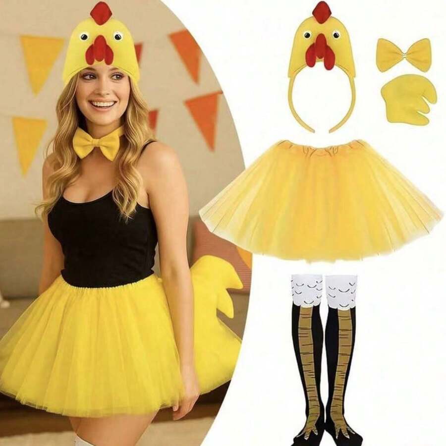 1/3/4pcs Chicken Costume Set, Includes Headpiece, Tail And Skirt, Suitable For Theme Party, Cosplay, Novelty Gift, Applicable For Easter And Other Events (No Feathers), Halloween - Multicolor - View 1
