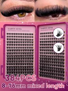 384 Clusters Black Mixed Length Fluffy Dense DIY Eyelash Extensions Single Cluster Faux Mink Lashes For Home Use - D - View 1