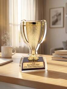 1pc Personalized Acrylic Trophy Award With Golden Cup Ornament, Custom Text,Customizable Prize For Family Reunion, Office Recognition, Sports Competition, Party Winner Souvenir Gift - Multicolor - View 3