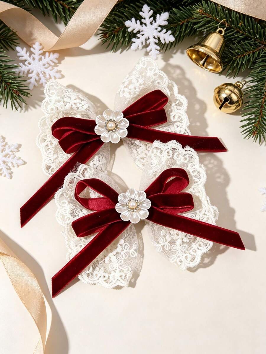2/8pcs Multi-Color Velvet Bow Hair Clips, White Lace Pearl Flower ...