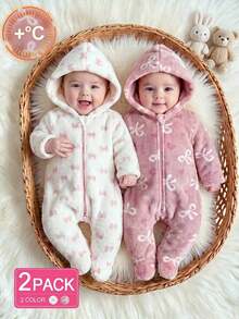 Newborn Baby Girl Autumn/Winter Flannel Hooded Footed Romper, Sweet Bow Print Zipper Jumpsuit - Dusty Pink - View 3