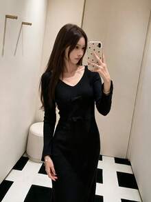 Sweet Pure Style V-Neck Bow Design Long Sleeve Knit Bodycon Dress For Women, Youthful And Age-Reducing - Black - View 7
