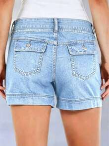 Women's Casual Light Wash Denim Shorts, Button Detail Design, Straight Leg Fit, Medium Stretch Fabric, Perfect Shorts For Everyday Wear - Baby Blue - View 3