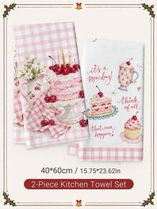 MEMNUN 2pcs Pink & White Plaid Cherry Cake Afternoon Tea Pattern Printed Kitchen Towels, Soft Polyester Material Dish Cloths, Suitable For Kitchen Decor, Kitchen Cleaning, Holiday Party Decoration, Kitchen & Bathroom Supplies Home Essentials, Home Decor, Housewarming Gift - Multicolor - View 5