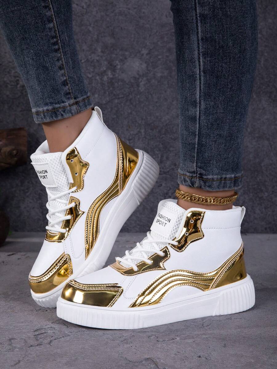 Women's High-Top Colorblock Skateboard Shoes, Casual Fashion Lace-Up ...