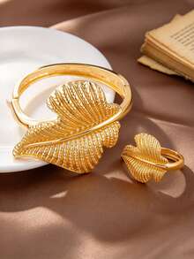 Letingsha Gold-Plated Textured Leaf Bracelet And Open Ring Set, Luxury Fashion Jewelry, Suitable For Women, Perfect For Weddings, Banquets And Daily Party Accessories - Yellow Gold - View 9
