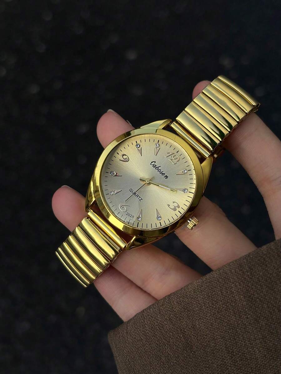 1pc Expandable Strap And Arabic Numeral Markers Classic Gold Round Dial ...