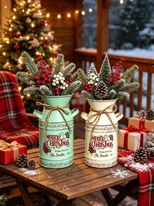 Christmas Vintage Metal Can Vase, Distressed Galvanized Flower Bucket With Rope Handle, Merry Christmas Printed Decorative Water Pitcher, Rustic Farmhouse Style Tabletop Centerpiece, Christmas Floral Arrangement Container, Home Decor - A - View 5