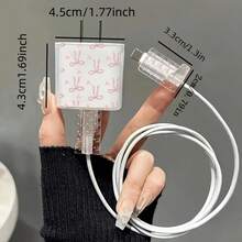 5pcs 2D Flat Design Hand-Drawn Bow & Heart Phone Charger Protector Set, Charger Head Cover + Cable Protector + Storage Rope + Data Cable Protective Wrap Rope, Compatible With Iphone 20W/18W Charger - Multicolor - View 5