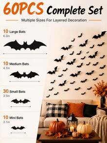 60pcs Halloween 3D Bat Wall Stickers, 4 Sizes Foldable Black Flying Bats With Adhesive Backing, DIY Wall Decals, Suitable For Home, Bedroom, Door, Window And Party Decoration - View 7