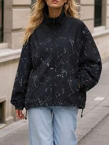 1pc Women's Spring/Autumn Outdoor Mountain Style Black Marble Print Stand Collar Zipper Elastic Cuff Adjustable Hem Drawstring Loose Casual Cycling Climbing Jacket - Black - View 12