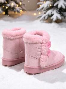 1 Pair Short Warm Snow Boots, Faux Suede + Double Large Button Decor, Round Toe Soft Sole Anti-Slip Design, Cute Princess Style Outdoor Boots, Suitable For Daily Campus Skiing, Autumn/Winter New Arrival - Pink - View 6