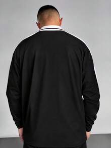 Men's Contrast Color Lapel V-Neck Long Sleeve Polo T-Shirt With Patchwork Starry Galaxy Print Loose Drop Shoulder Casual Top - Black - View 6