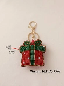 1pc Christmas Vintage Cute Rhinestone & Bead Santa Claus Snowman Keychain, 3D Gift Box Sock Bell Design Bag Charm, Unisex Christmas Gift Accessory - Multicolor - View 6