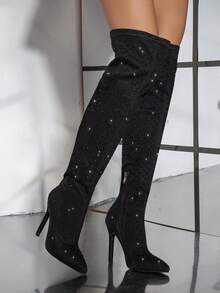 Sepatu bot wanita setinggi lutut dengan ujung runcing, hak stiletto, hiasan berlian imitasi, resleting samping, modis, elegan, dan elastis, cocok untuk pesta, acara, kencan, dan pakaian sehari-hari. - Hitam - View 2